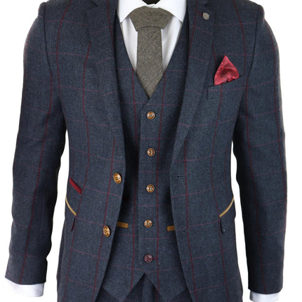 Mens Herringbone Tweed Suit 3 Piece Navy Blue Peaky Blinders 1920s Tailored Fit