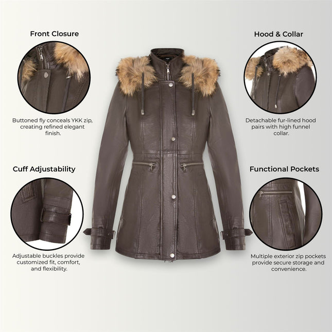 Womens Warm Leather Hooded Parka Jacket-Northwich