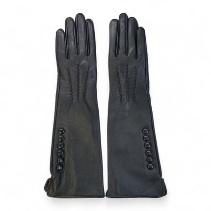 Womens Long Black Italian Leather Winter Button Design Soft Wool Lining Gloves - L-GLV-201