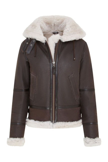 Womens Creck Brown Hooded Sheepskin Flying Leather Jacket-Palermo