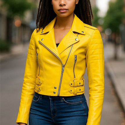 Womens Cropped Brando Leather Biker Jacket-Damascus
