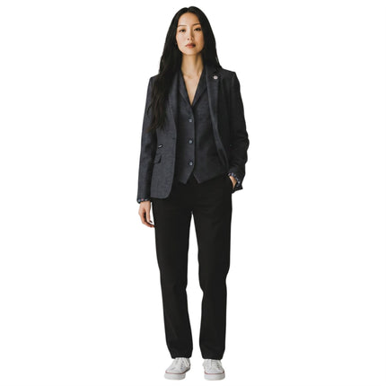 Women's Black Herringbone Wool Tweed Blazer Waistcoat 2 Piece Set - WS-1