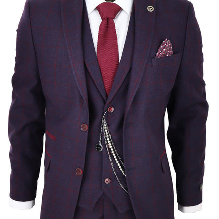 Mens 3 Piece Tweed Suit Plum Purple Check Peaky Blinders Classic 1920 Gatsby