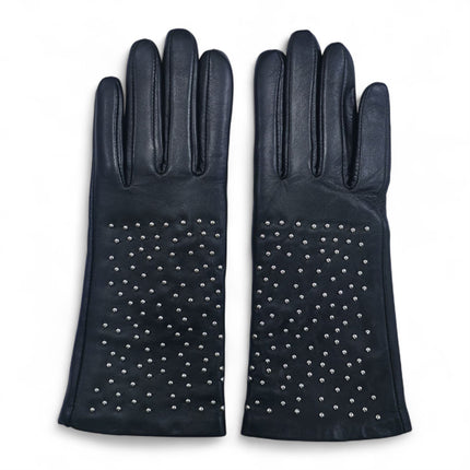 Womens Black Italian Leather Winter Studded Design Soft Wool Lining Gloves - L-GLV-601