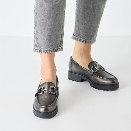 Tamaris Womens Pewter Silver Leather Loafers Slip-On Platform Shoes