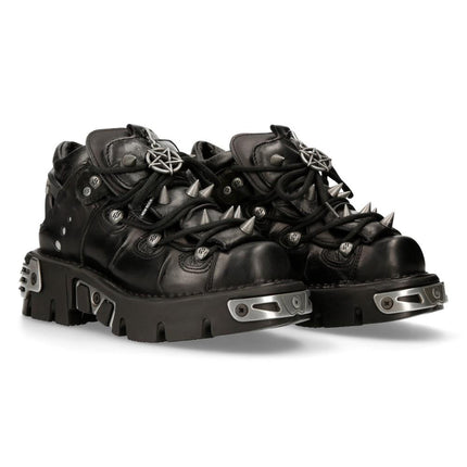 New Rock Black Leather Spiked Ankle Boots - 110-S1