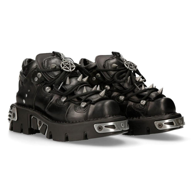 New Rock Black Leather Spiked Ankle Boots - 110-S1