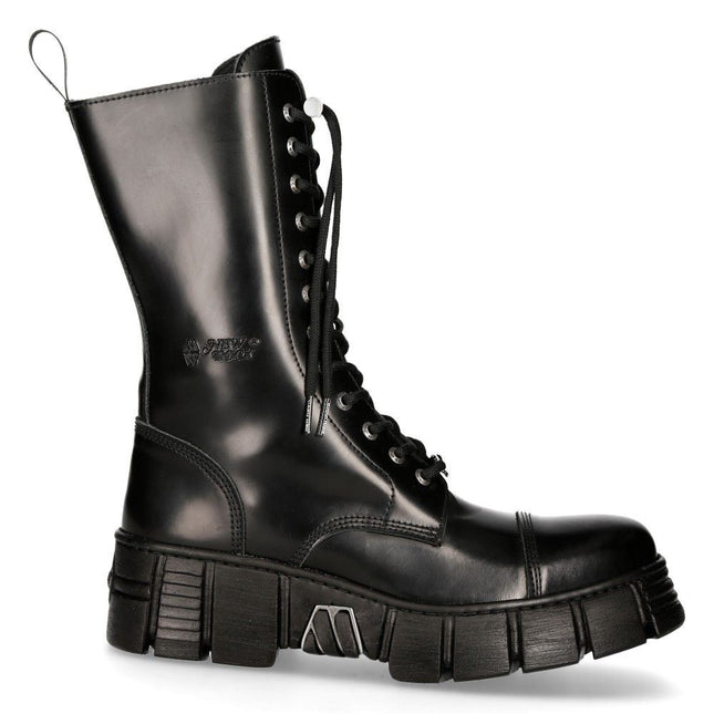 New Rock Black Leather Mid-Calf Tower Biker Boots-M-Wall127N-C1