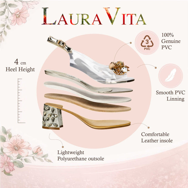 Laura Vita Women’s Marlene-12 Clear Golden Slip-On Cinderella Tapered Pump Heel Ankle Strap Sandals