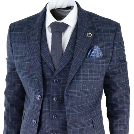 Mens Blue Check 3 Piece Tweed Suit Peaky Blinders 1920s Gatsby Tailored Fit