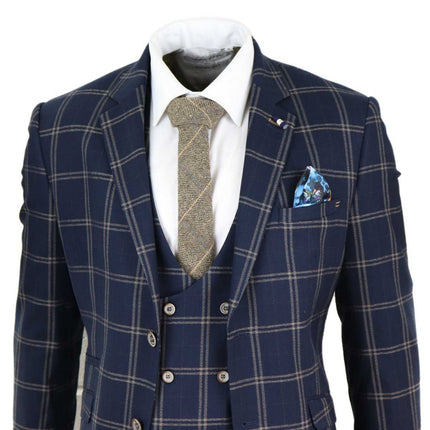 Mens 3 Piece Navy Blue And Tan Check Tweed Retro Classic Suit