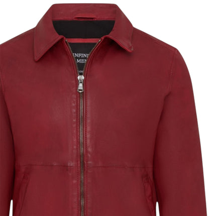 Mens Leather Red Harrington Collar Biker Jacket - Alpha