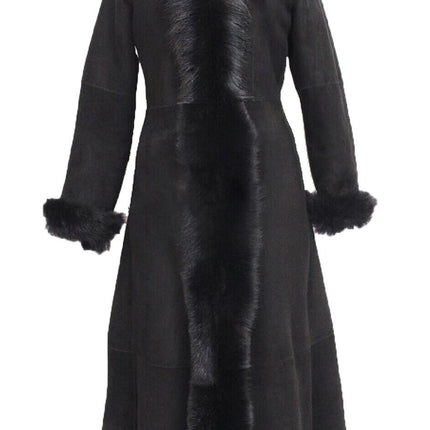 Womens Black Suede Toscana Sheepskin Hooded Trench Coat-Rushden