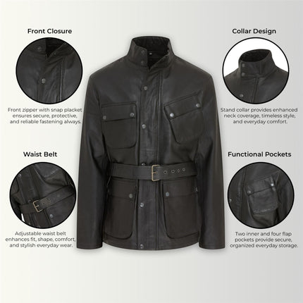 Men's Black Lamb Leather Safari Parka Jacket - Edinburgh