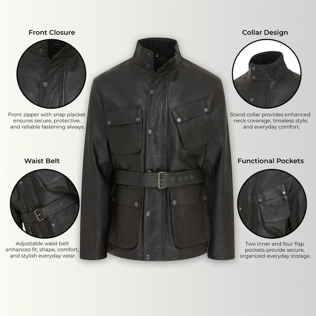 Men's Black Lamb Leather Safari Parka Jacket - Edinburgh