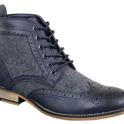 Mens Classic Tweed Oxford Ankle Boots In Navy Leather