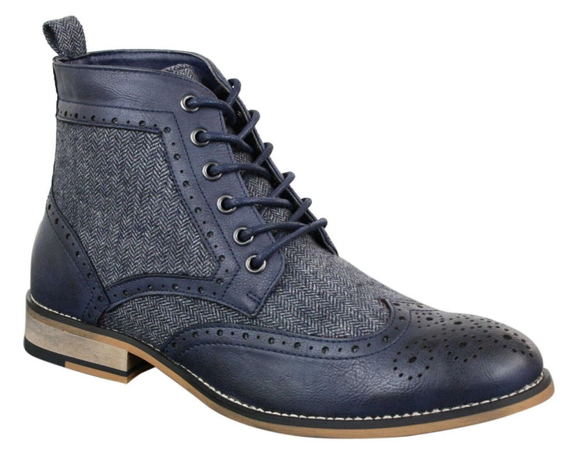 Mens Classic Tweed Oxford Ankle Boots In Navy Leather