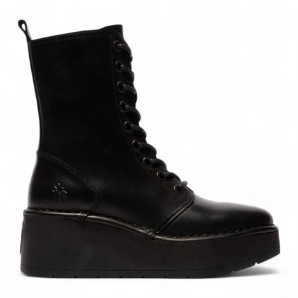 Fly London Womens Black Hait273 Leather Lace-Up Chunky Platform Ankle Boots