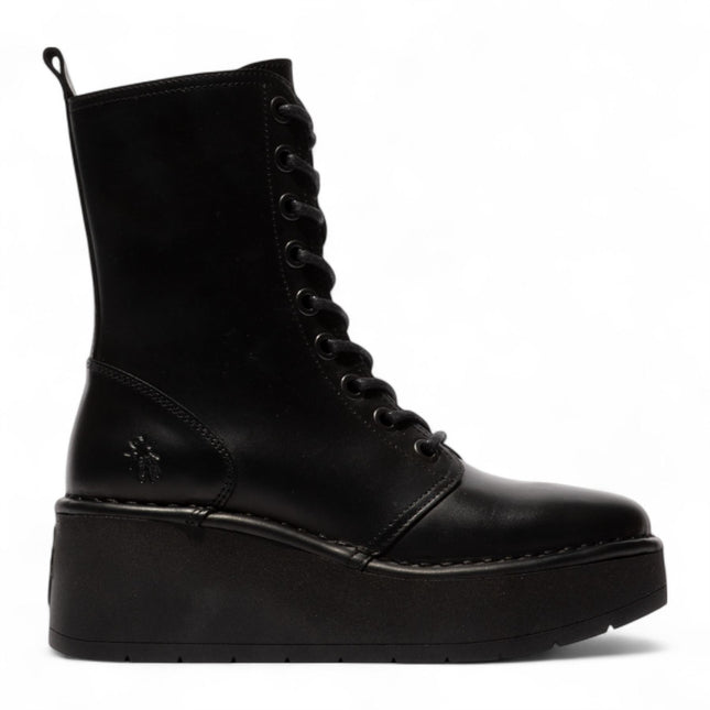 Fly London Womens Black Hait273 Leather Lace-Up Chunky Platform Ankle Boots