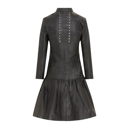 Womens Goth Black Leather Victorian Studded Flare Coat- Ribet