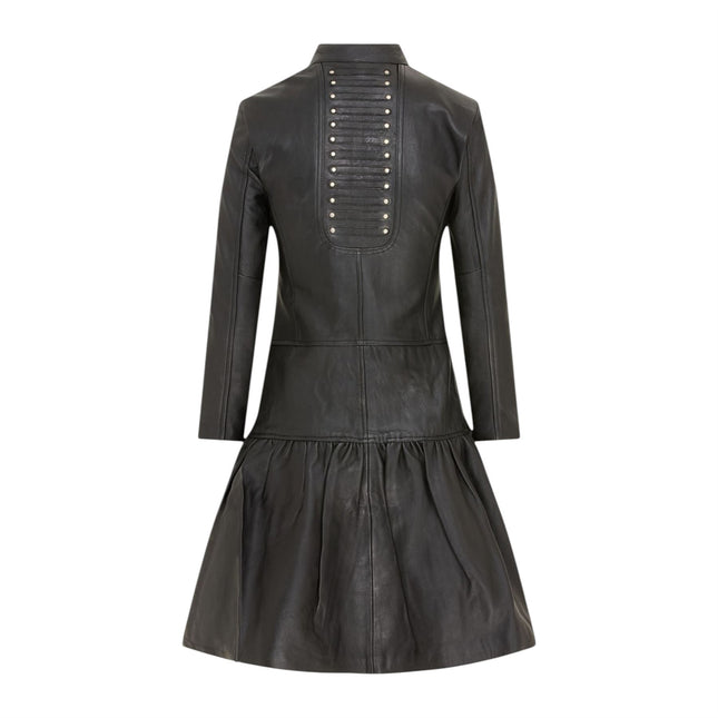 Womens Goth Black Leather Victorian Studded Flare Coat- Ribet