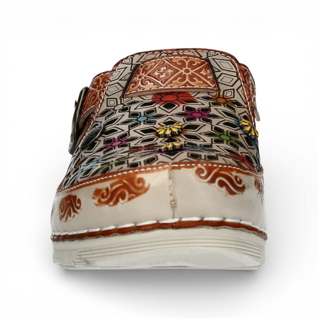 Laura Vita Women’s Dorry 01 Floral Beige Leather Wedge Slipper Sandals