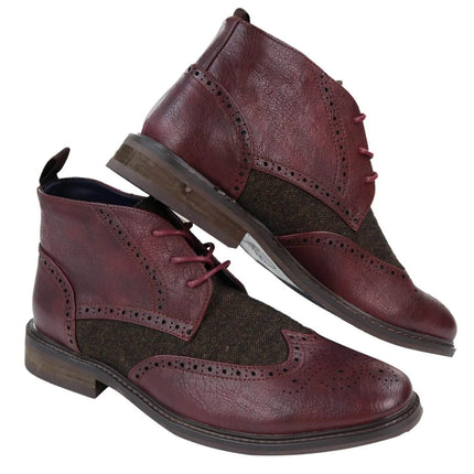 Mens Classic Tweed Oxford Brogue Ankle Boots In Wine Leather