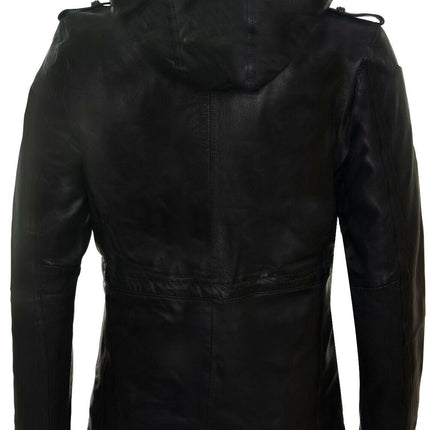 Mens Leather Hooded Trench Coat-Medellin