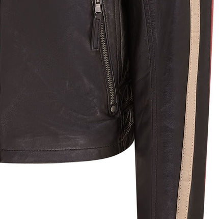 Mens Black Cafe Racer Striped Leather Jacket Vintage Biker Motorcycle Jacket