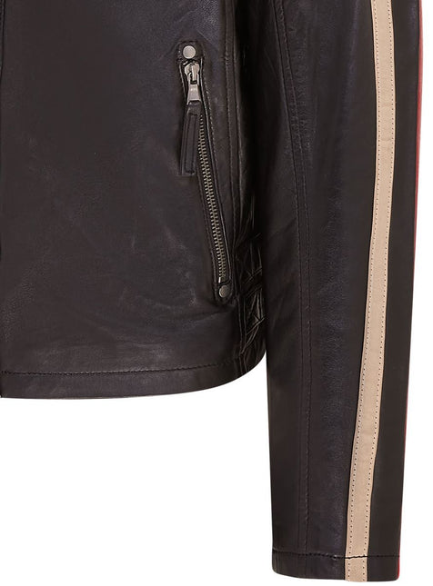 Mens Black Cafe Racer Striped Leather Jacket Vintage Biker Motorcycle Jacket