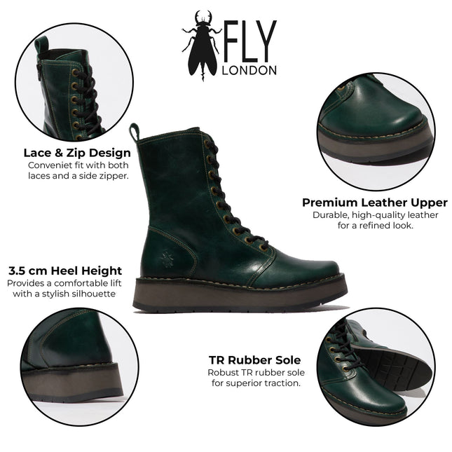 Fly London Womens Green Rami043 Casual Leather Lace-Up Ankle Dress Boots
