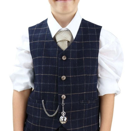 Boys 3 Piece Navy Blue Tweed Check Classic  Suit