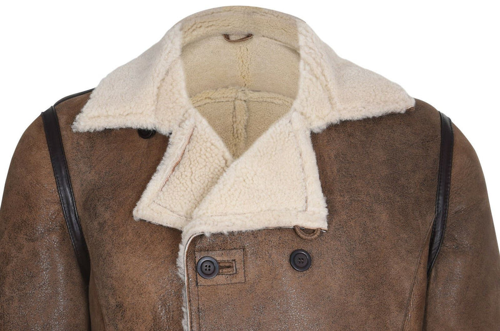 Mens Double Breasted Shearling Sheepskin Pea Coat-Valencia