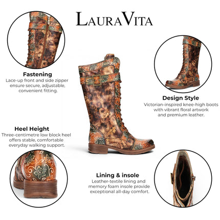 Laura Vita Women's Tan Floral Victorian Leather High Combat Long Boots - Anitao-21