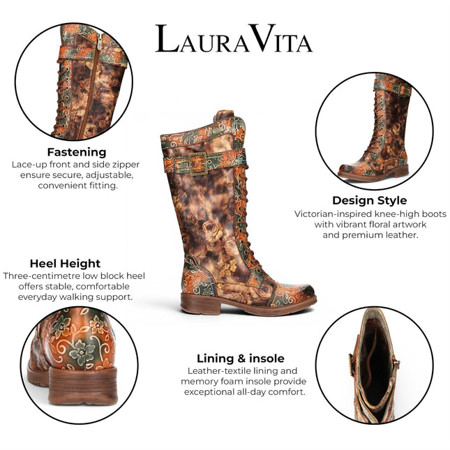 Laura Vita Women's Tan Floral Victorian Leather High Combat Long Boots - Anitao-21