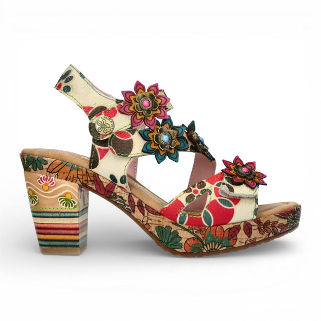 Laura Vita Women's Nellao 33 Beige Floral Leather Wedge Heel Espadrille Sandals