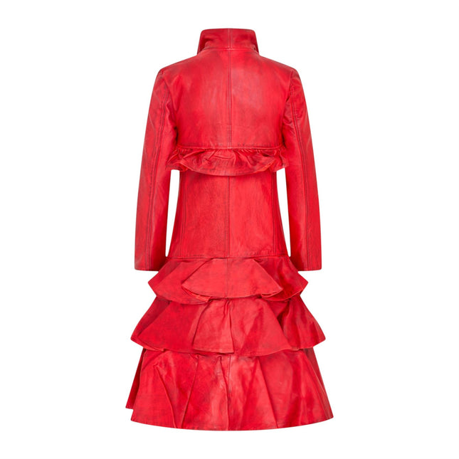 Womens Goth Red Leather High Collar Victorian Flare Tailcoat - Challa