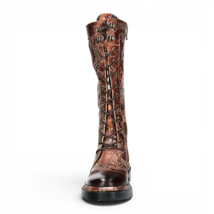 Laura Vita Women's Maroon Gothic Victorian Floral Maroon Leather Knee-High Lace-Up Boots - Incaso-50