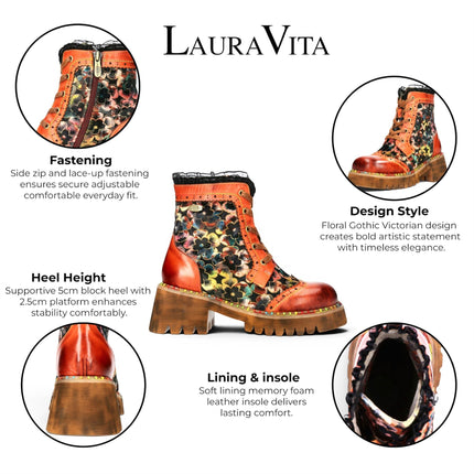 Laura Vita Women's Gothic Floral Orange Leather Combat Boots - Oyao-11