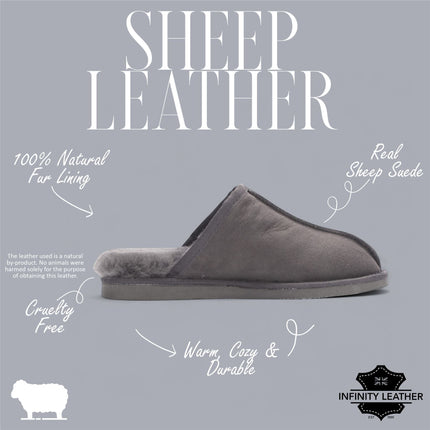 Men's Genuine Sheepskin Grey Suede Mule Winter Warm Non-Slip - Highland
