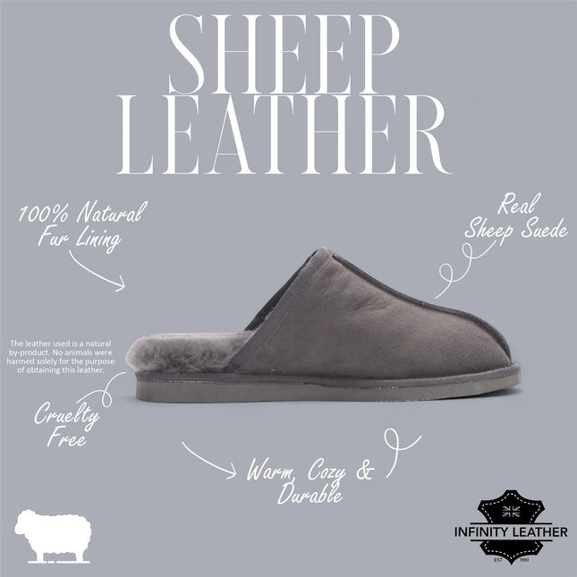 Men's Genuine Sheepskin Grey Suede Mule Winter Warm Non-Slip - Highland
