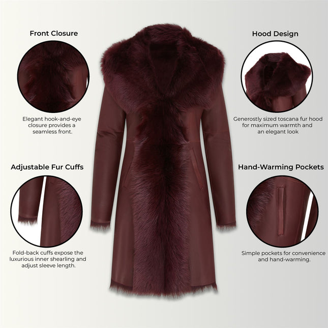 Womens Burgundy Red Toscana Sheepskin Leather Hooded Trench Coat - Coast