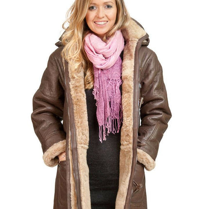 Womens Brown Hooded Sheepskin Leather Duffle Coat-Charlotte