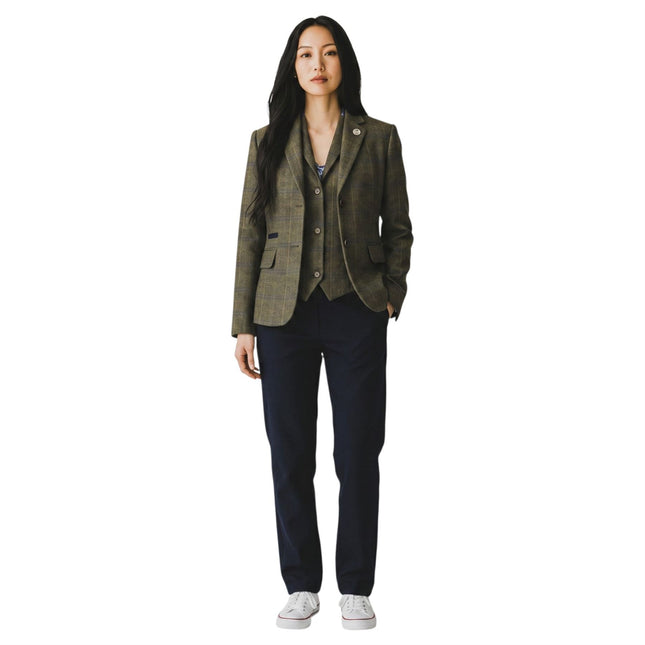 Women's Olive 2 Piece Check Formal Tweed Blazer & Waistcoat Set - TPSTZ-7