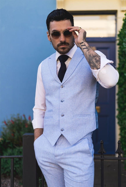 Men's Summer 2 Piece Suit Linen Formal Light Blue Waistcoat Trousers