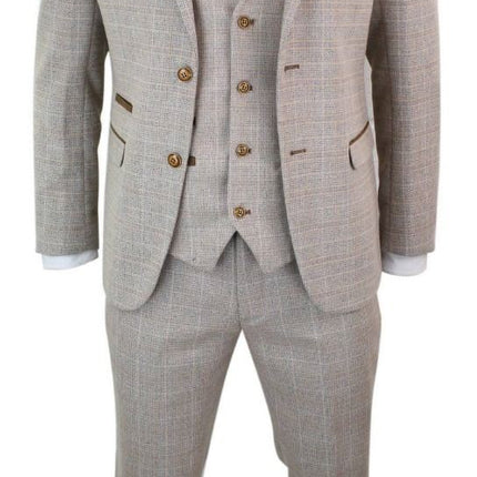 Mens 3 Piece Beige Tweed Check Vintage Retro Suit