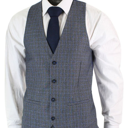 Mens 3 Piece Grey Blue Check Vintage Retro Suit