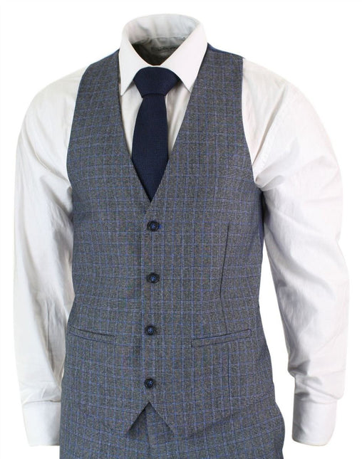Mens 3 Piece Grey Blue Check Vintage Retro Suit