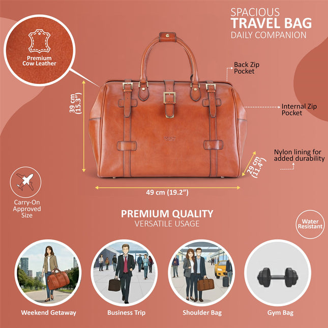 Genuine Leather Tan Duffle Holdall Vintage Travel Gym Bag - Windsor