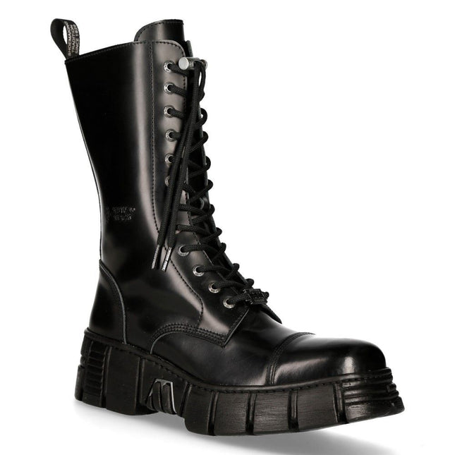 New Rock Black Leather Mid-Calf Tower Biker Boots-M-Wall127N-C1